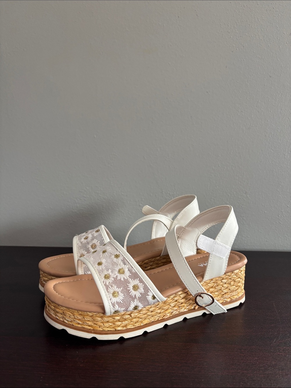 Girls White Daisy Espadrille Wedge Sandals with Ankle Strap